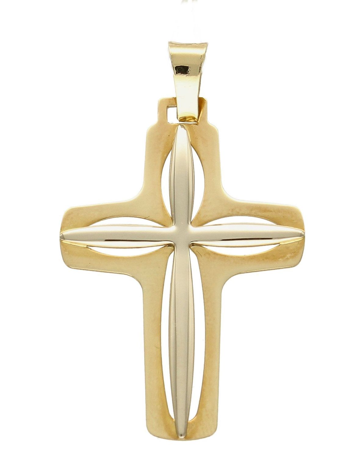 Złota zawieszka na łańcuszek krzyżyk promienisty biały ze złotym DIA-ZAW-7011-585. Złoty wisiorek krzyżyk to biżuteria sakralna, która sprawdzi się jako prezent na takie okazje jak chrzest, bierzmowanie czy komunia..jpg