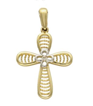 Złota zawieszka na łańcuszek krzyżyk zdobiony z białym złotem DIA-ZAW-7013-585. Złoty wisiorek krzyżyk to biżuteria sakralna, która sprawdzi się jako prezent na takie okazje jak chrzest, bierzmowanie czy komunia..jpg
