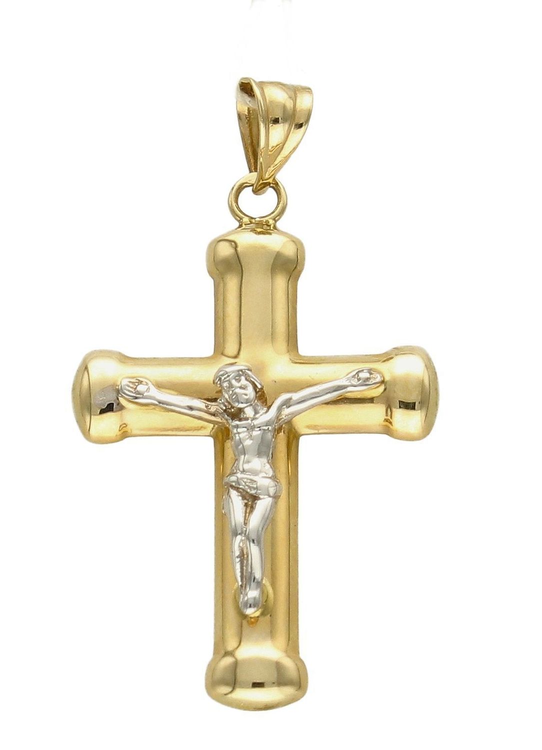 Złota zawieszka na łańcuszek krzyżyk 3 cm z białym złotem DIA-ZAW-7015-585. Złoty wisiorek krzyżyk z wizerunkiem Pana Jezusa to biżuteria sakralna, która sprawdzi się jako prezent na takie okazje jak chrzest, bierzmowanie czy.jpg