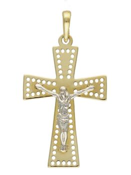 Złota zawieszka na łańcuszek krzyżyk ażurowy z wizerunkiem Jezusa DIA-ZAW-7017-585. Złoty wisiorek krzyżyk z wizerunkiem Pana Jezusa to biżuteria sakralna, która sprawdzi się jako prezent na takie okazje jak chrzest, bierzmowa.jpg