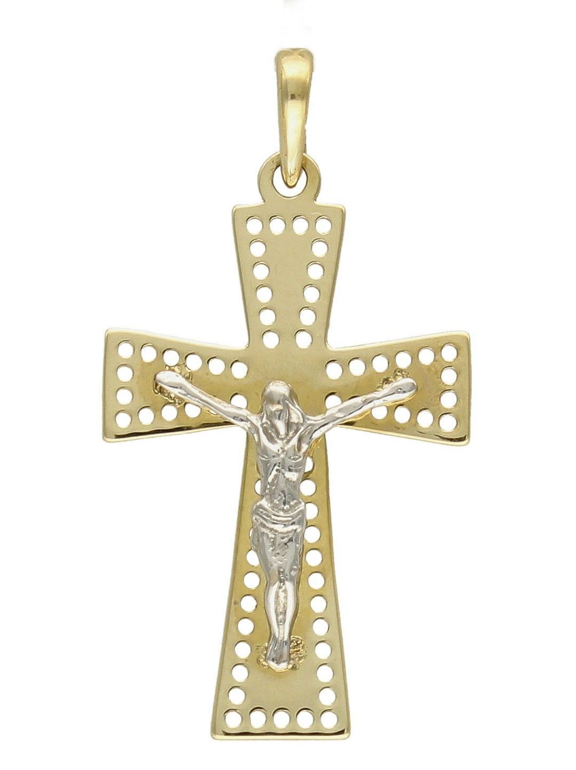 Złota zawieszka na łańcuszek krzyżyk ażurowy z wizerunkiem Jezusa DIA-ZAW-7017-585. Złoty wisiorek krzyżyk z wizerunkiem Pana Jezusa to biżuteria sakralna, która sprawdzi się jako prezent na takie okazje jak chrzest, bierzmowa.jpg