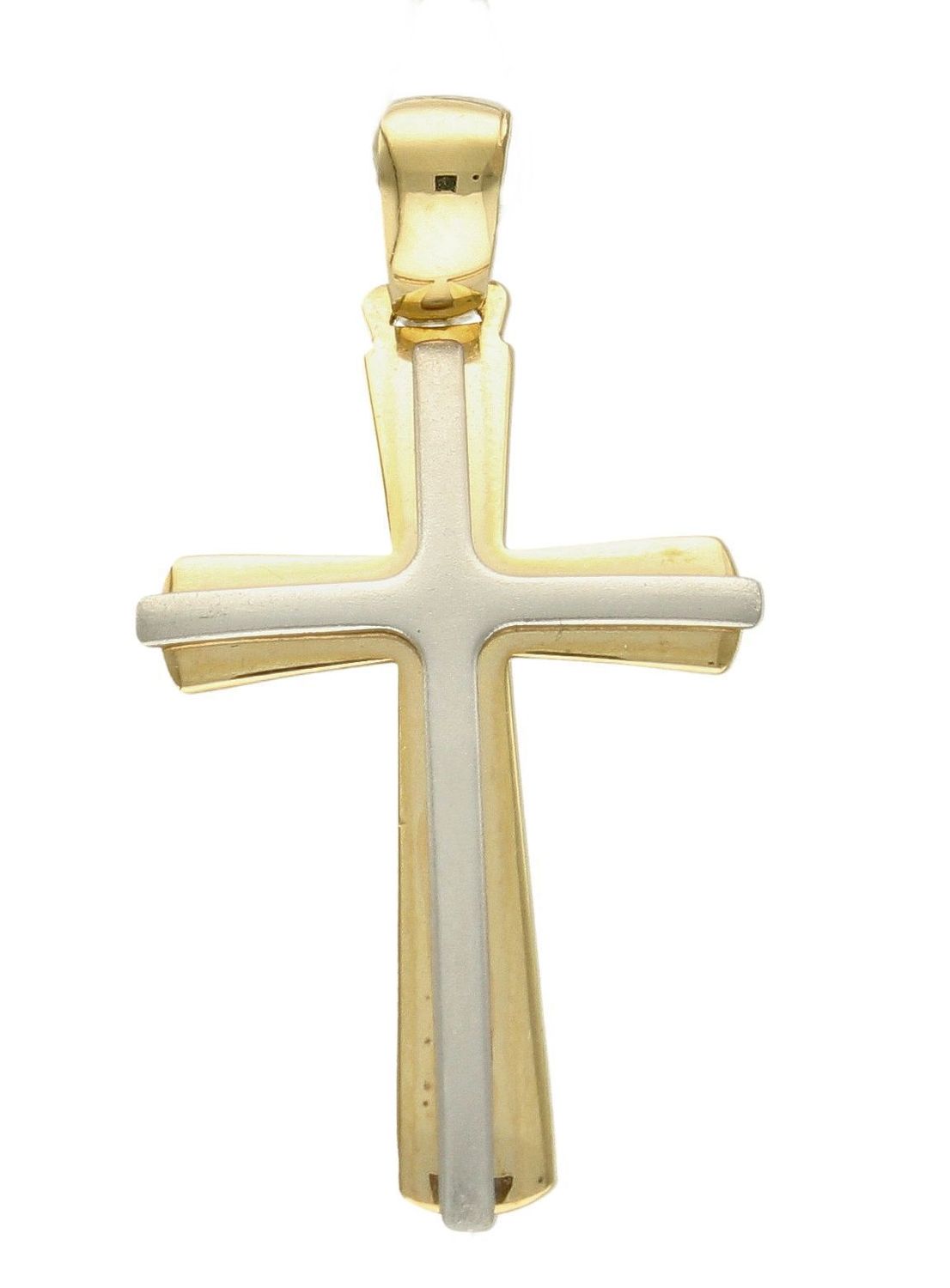 Złota zawieszka na łańcuszek krzyżyk z białym matowym złotem DIA-ZAW-7021-585. Złoty wisiorek krzyżyk to biżuteria sakralna, która sprawdzi się jako prezent na takie okazje jak chrzest, bierzmowanie czy komunia..jpg