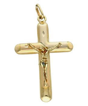 Złota zawieszka na łańcuszek krzyżyk Jezus na krzyżu matowy DIA-ZAW-7023-585. Złoty wisiorek krzyżyk z wizerunkiem Pana Jezusa to biżuteria sakralna, która sprawdzi się jako prezent na takie okazje jak chrzest, bierzmowanie cz.jpg