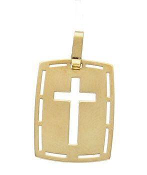 Złota zawieszka na łańcuszek krzyżyk ozdobna blaszka DIA-ZAW-7024-585. Złoty wisiorek krzyżyk to biżuteria sakralna, która sprawdzi się jako prezent na takie okazje jak chrzest, bierzmowanie czy komunia..jpg