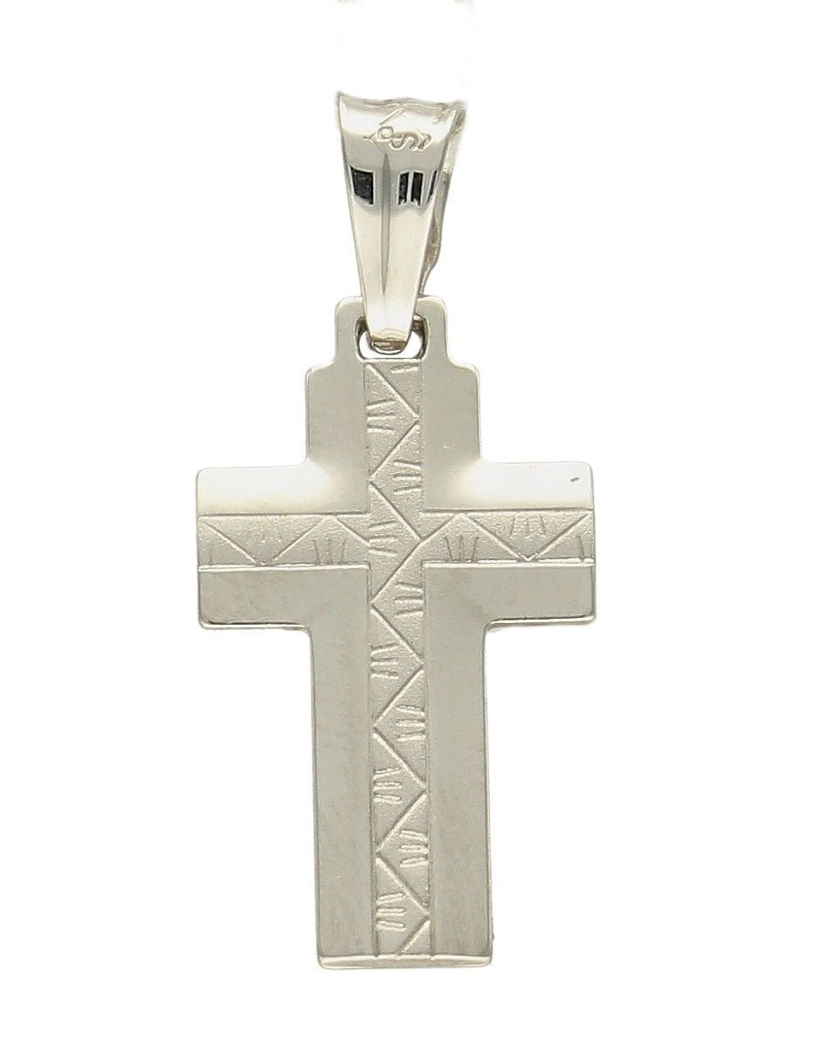 Złota zawieszka na łańcuszek krzyżyk z białego złota DIA-ZAW-7025-585. Złoty wisiorek krzyżyk to biżuteria sakralna, która sprawdzi się jako prezent na takie okazje jak chrzest, bierzmowanie czy komunia..jpg