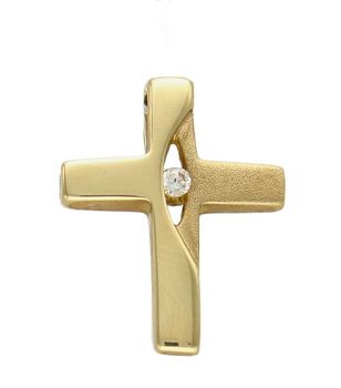 Złota zawieszka na łańcuszek krzyżyk półmat z cyrkonią DIA-ZAW-7026-585. Złoty wisiorek krzyżyk to biżuteria sakralna, która sprawdzi się jako prezent na takie okazje jak chrzest, bierzmowanie czy komunia..jpg