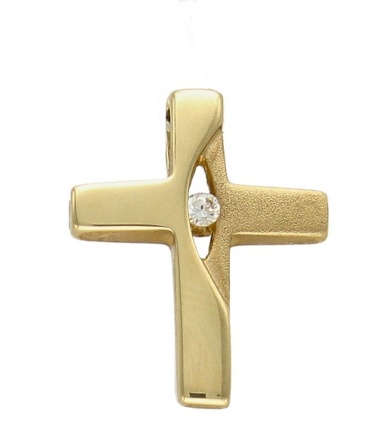 Złota zawieszka na łańcuszek krzyżyk półmat z cyrkonią DIA-ZAW-7026-585. Złoty wisiorek krzyżyk to biżuteria sakralna, która sprawdzi się jako prezent na takie okazje jak chrzest, bierzmowanie czy komunia..jpg