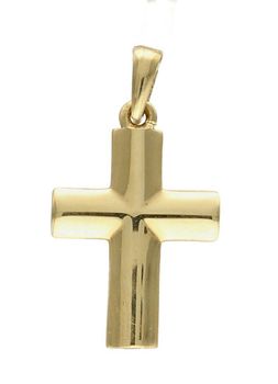 Złota zawieszka na łańcuszek krzyżyk mały wypukły DIA-ZAW-7027-585. Złoty wisiorek krzyżyk to biżuteria sakralna, która sprawdzi się jako prezent na takie okazje jak chrzest, bierzmowanie czy komunia..jpg