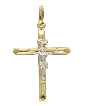 Złota zawieszka na łańcuszek krzyżyk z białym wizerunkiem Jezusa DIA-ZAW-7028-585. Złoty wisiorek krzyżyk z wizerunkiem Pana Jezusa to biżuteria sakralna, która sprawdzi się jako prezent na takie okazje jak chrzest, bierzmowan.jpg