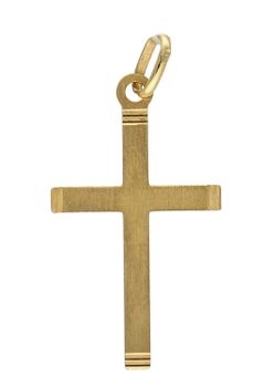 Złota zawieszka na łańcuszek krzyżyk matowy ze zdobieniami DIA-ZAW-7031-585. Złoty wisiorek krzyżyk to biżuteria sakralna, która sprawdzi się jako prezent na takie okazje jak chrzest, bierzmowanie czy komunia..jpg
