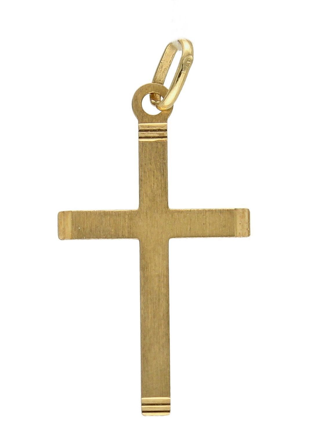 Złota zawieszka na łańcuszek krzyżyk matowy ze zdobieniami DIA-ZAW-7031-585. Złoty wisiorek krzyżyk to biżuteria sakralna, która sprawdzi się jako prezent na takie okazje jak chrzest, bierzmowanie czy komunia..jpg