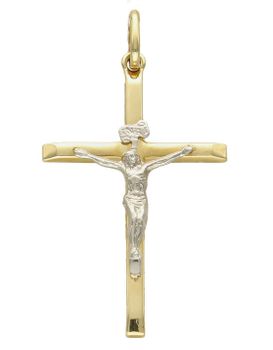 Złota zawieszka na łańcuszek krzyżyk z białym wizerunkiem Jezusa DIA-ZAW-7033-585. Złoty wisiorek krzyżyk z wizerunkiem Pana Jezusa to biżuteria sakralna, która sprawdzi się jako prezent na takie okazje jak chrzest, bierzmowan.jpg