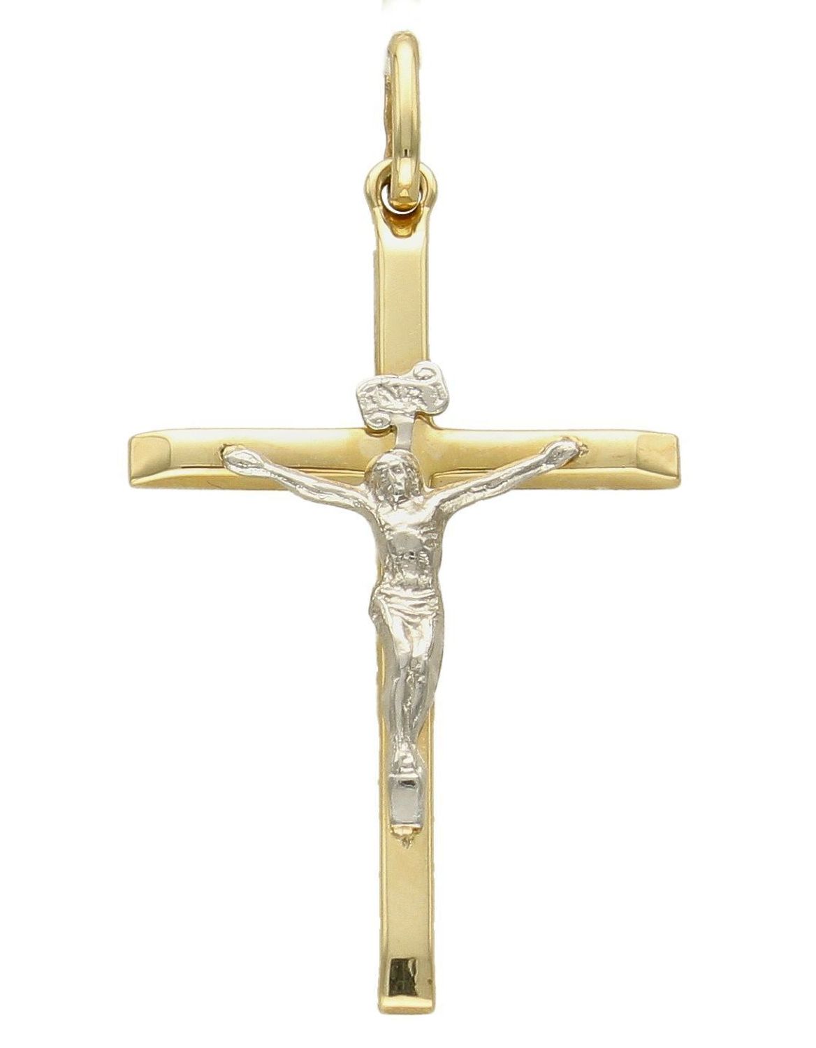 Złota zawieszka na łańcuszek krzyżyk z białym wizerunkiem Jezusa DIA-ZAW-7033-585. Złoty wisiorek krzyżyk z wizerunkiem Pana Jezusa to biżuteria sakralna, która sprawdzi się jako prezent na takie okazje jak chrzest, bierzmowan.jpg