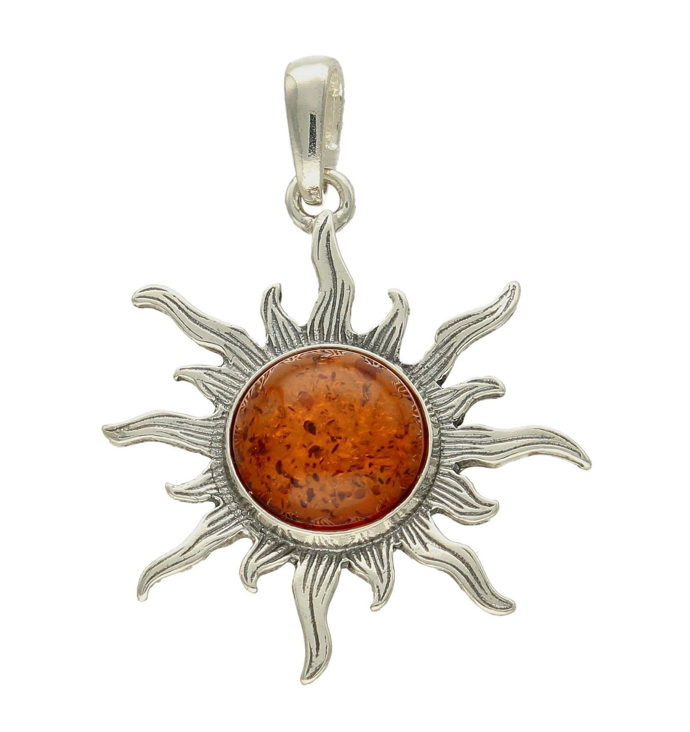 Zawieszka srebrna słońce z bursztynem  DIA-ZAW-7128-925. Bursztyn wprawiono w najwyższej jakości srebro o próbie 925, kruszec od wielu setek lat symbolizujący głębię emocjonalną, duchowość i żeńską energię.jpg