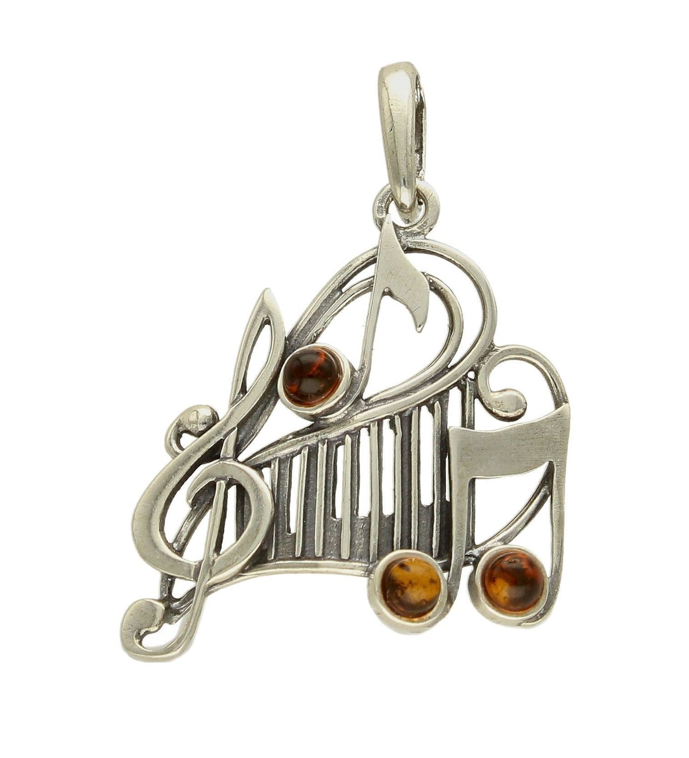 Zawieszka srebrna w kształcie nutek z bursztynem  DIA-ZAW-7130-925. Bursztyn wprawiono w najwyższej jakości srebro o próbie 925, kruszec od wielu setek lat symbolizujący głębię emocjonalną, duchowość i żeńską energię.jpg