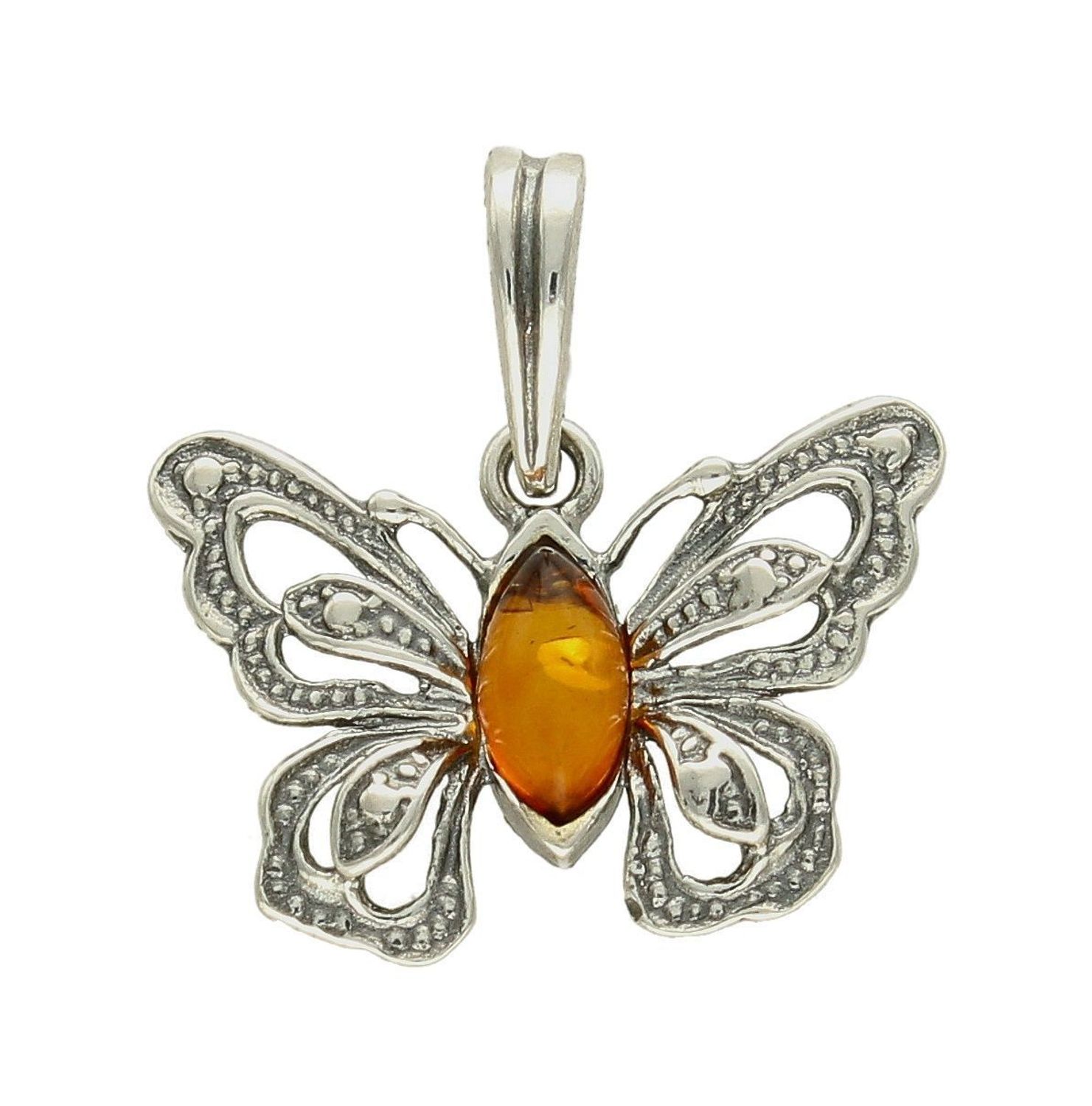 Zawieszka w kształcie motyla z bursztynem  DIA-ZAW-7137-925.  Bursztyn wprawiono w najwyższej jakości srebro o próbie 925, kruszec od wielu setek lat symbolizujący głębię emocjonalną, duchowość i żeńską energię.jpg
