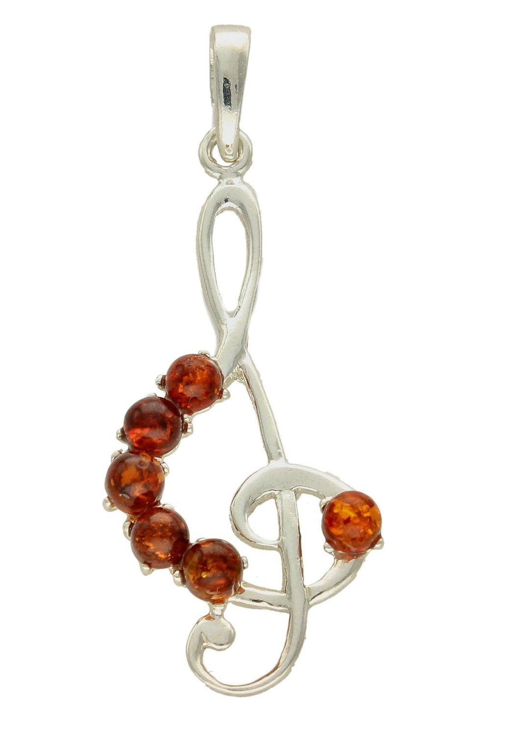 Zawieszka srebrna w kształcie klucza wiolinowego z bursztynem DIA-ZAW-7139-92. Bursztyn wprawiono w najwyższej jakości srebro o próbie 925, kruszec od wielu setek lat symbolizujący głębię emocjonalną, duchowość i żeńską energ.jpg