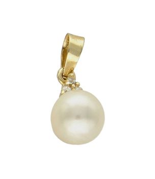 Złota zawieszka 585 z perłą hodowlaną DIA-ZAW-7583-585. Zjawiskowa zawieszka ozdobiona śliczną perełką. Perełka w lśniącej oprawie złota prezentują się bardzo elegancko. Dodatkowym atutem biżuterii damskiej jest drobna forma.jpg