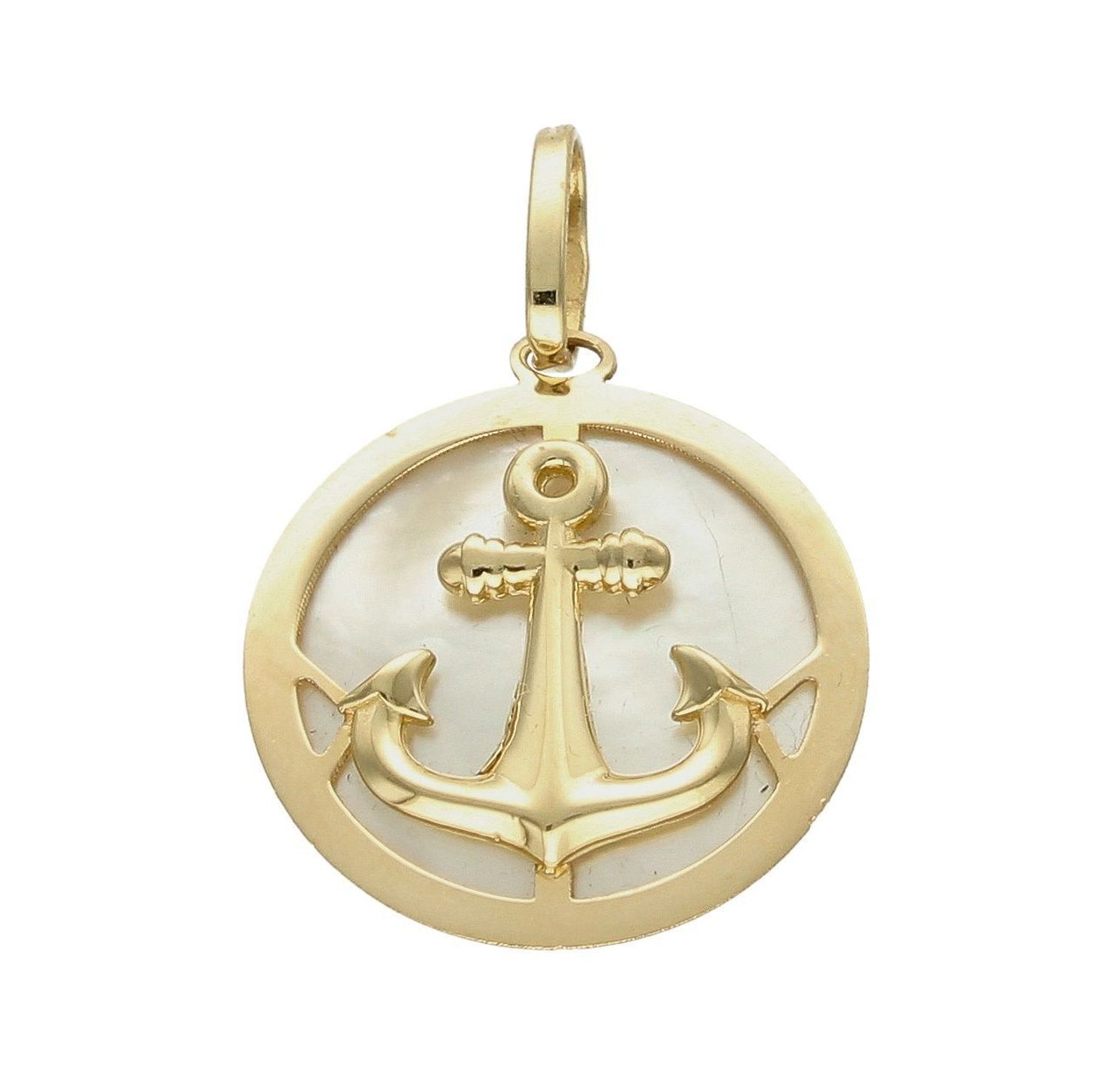 Złota zawieszka 585 kotwica w kółeczku z masą perłowa DIA-ZAW-7813-585. Złoty wisiorek w ponadczasowym kształcie koła. Wisiorek ten to idealny pomysł na prezent, którym wyjawimy swoje uczucia. Złoto jest metalem szlachetnym zn.jpg