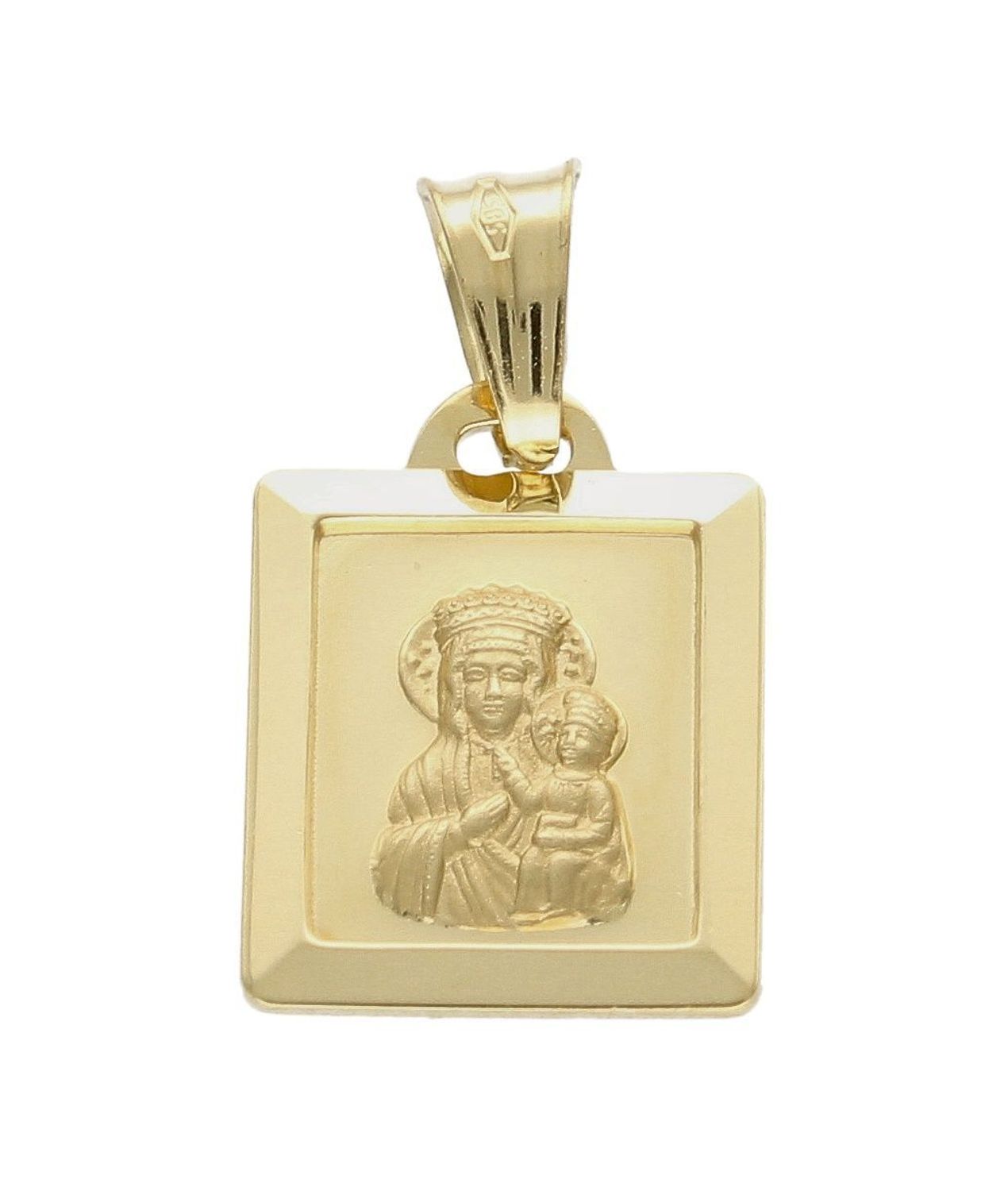 Złota zawieszka 585 medalik Matka Boska z dzieciątkiem DIA-ZAW-7815-585. Piękny medalik o bogatej symbolice religijnej. Religijną biżuterię wykonano z  żółtego złota próby 585, kruszcu od wielu setek lat symbolizującego doskon.jpg