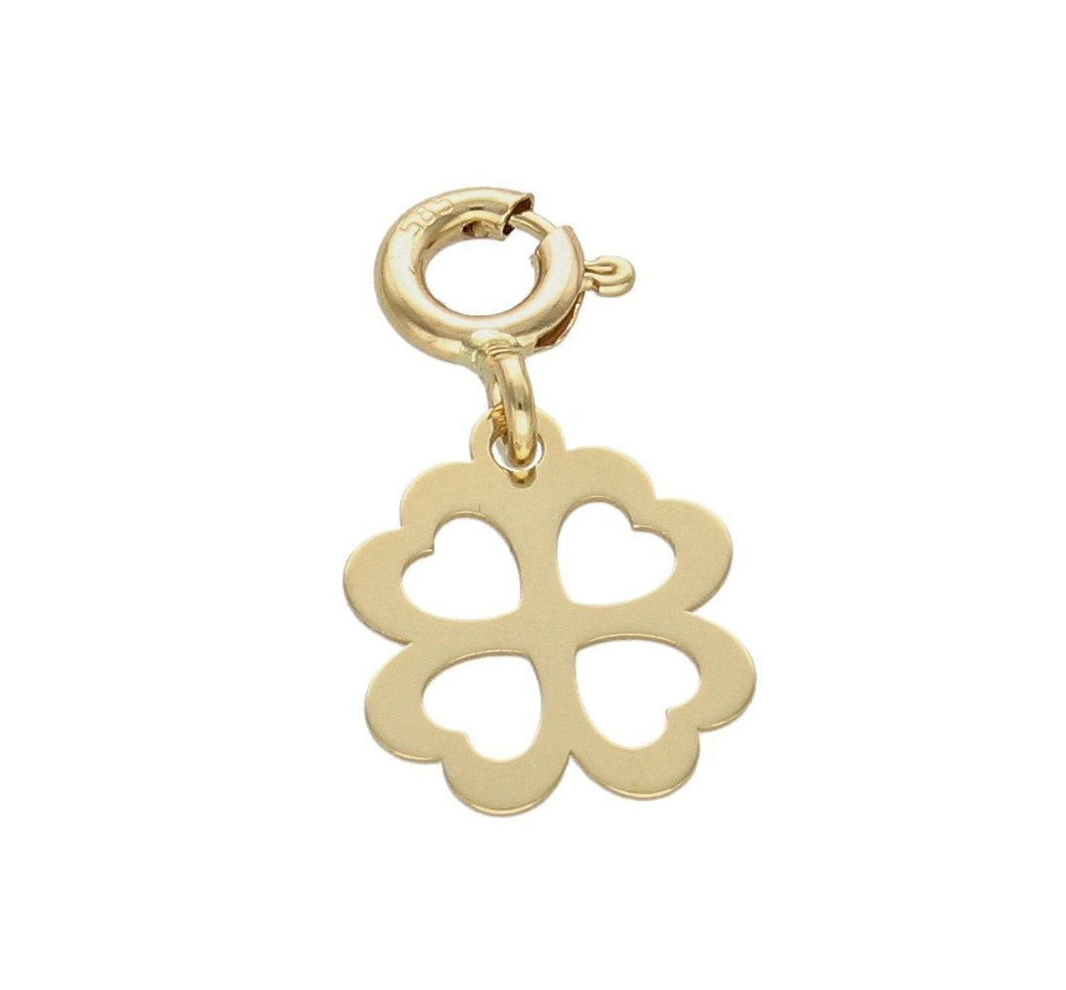 Złota zawieszka 585 koniczynka charms do bransoletki DIA-ZAW-7853-585. Złoto jest cenionym materiałem wśród jubilerów. Zawieszkę w kształcie serduszka można doczepić do bransoletki za pomocą karabińczyka. Idealna na prezent..jpg