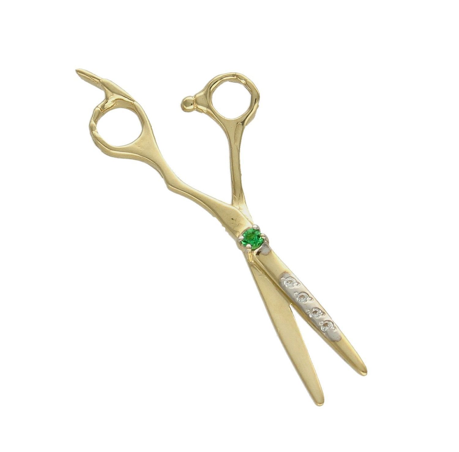 Złota zawieszka 585 dla fryzjera Nożyczki z zieloną cyrkonią DIA-ZAW-8078-585. Nożyczki  to charakterystyczne narzędzia pracy każdego fryzjera. Świetnie się sprawdzi jako prezent dla osoby wykonującej ten zawód.jpg