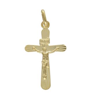 Złota zawieszka 585 krzyżyk z wizerunkiem Jezusa DIA-ZAW-8082-585. Zawieszka wykonana z niezwykłą starannością i dbałością o szczegóły. Krzyżyk będzie wspaniałą pamiątką i prezentem na różne okazje jak chrzest, bierzmowanie.jpg