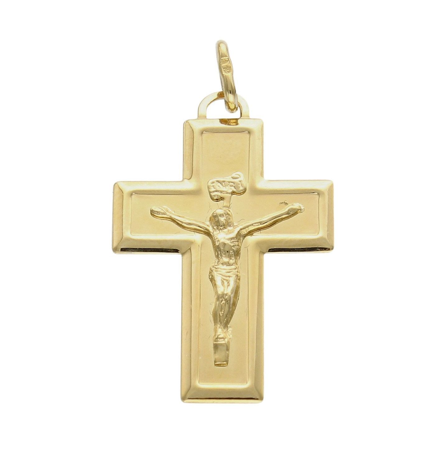 Złota zawieszka 585 grawerowany z Jezusem DIA-ZAW-8085-585. Złoty wisiorek o kształcie krzyżyka z wizerunkiem został wykonany z wysokiej próby złota 585 w kolorze żółtego złota. Zawieszka wykonana z niezwykłą starannością i d.jpg