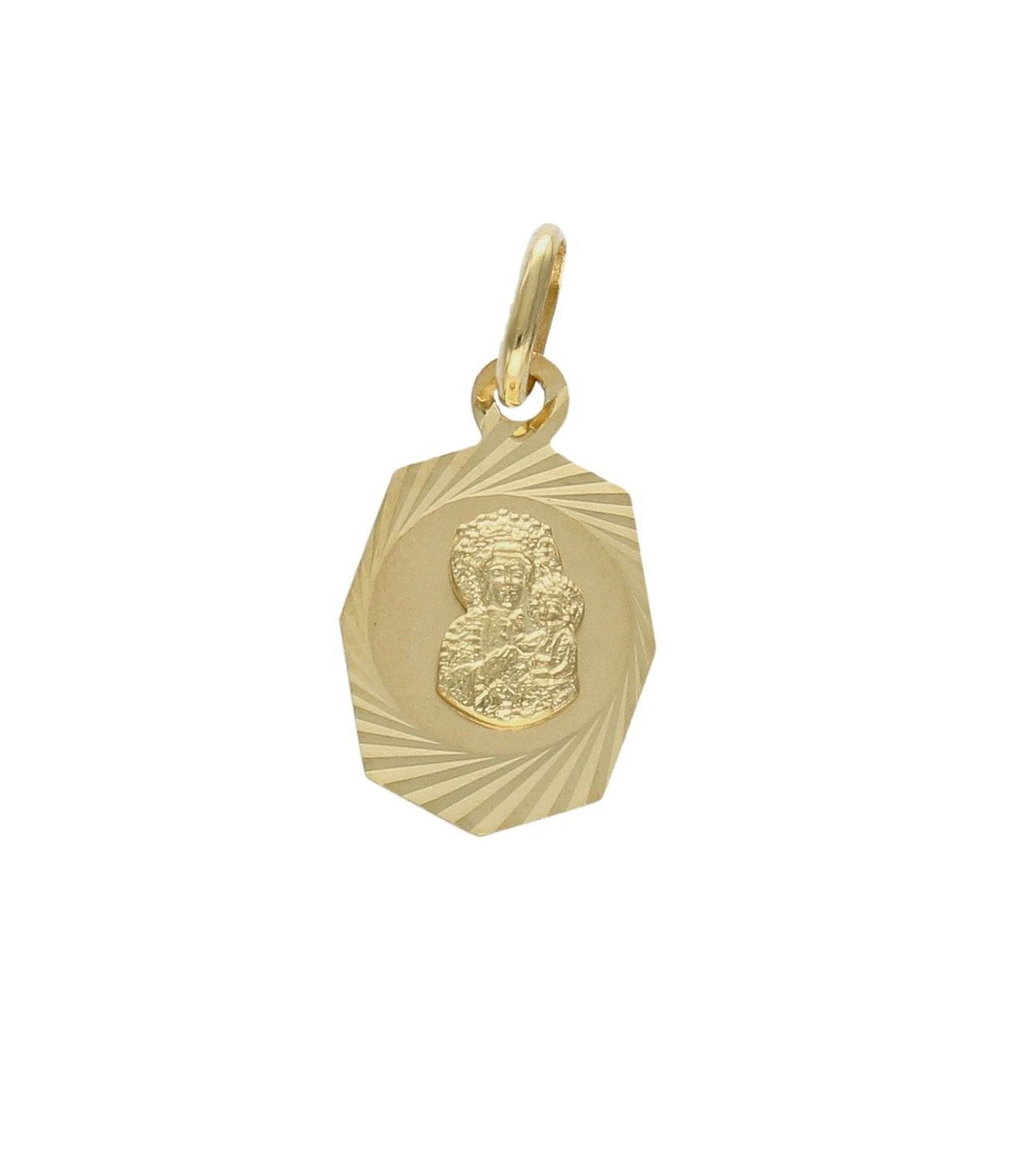Złota zawieszka 585 medalik z Matka Boska Częstochowska DIA-ZAW-8588-585. Piękny medalik o bogatej symbolice religijnej w kształcie prostokąta. Religijną biżuterię wykonano z 14-karatowego żółtego złota.jpg