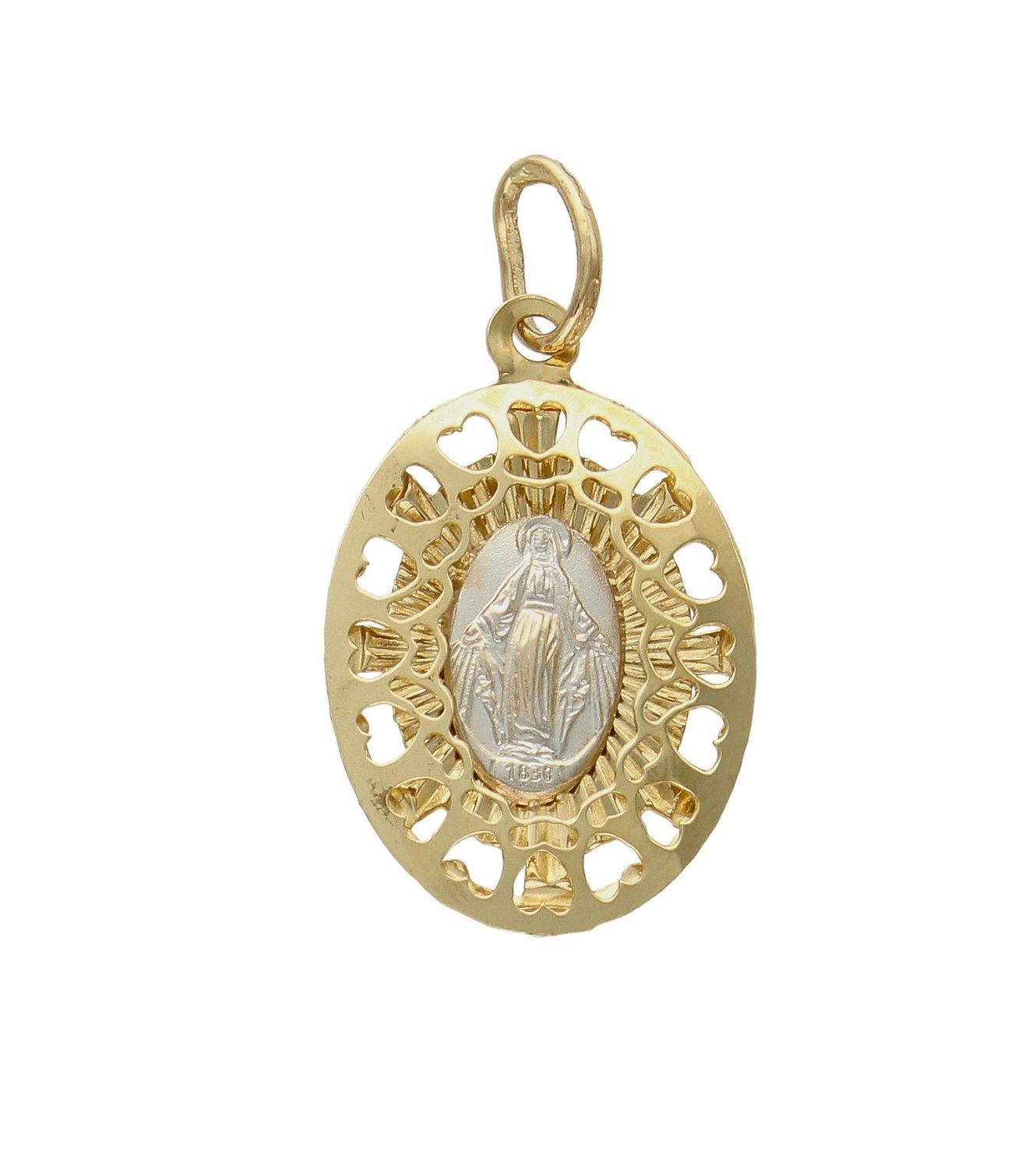 Złota zawieszka 585 owalny medalik z serduszkami Maryja Niepokalana DIA-ZAW-8590-585 Wyjątkowa biżuteria sprawdzi się idealnie jako prezent i upamiętnienie takich chwil jak Pierwsza Komunia, Chrzest czy Bierzmowanie. Waga około 2,14.jpg