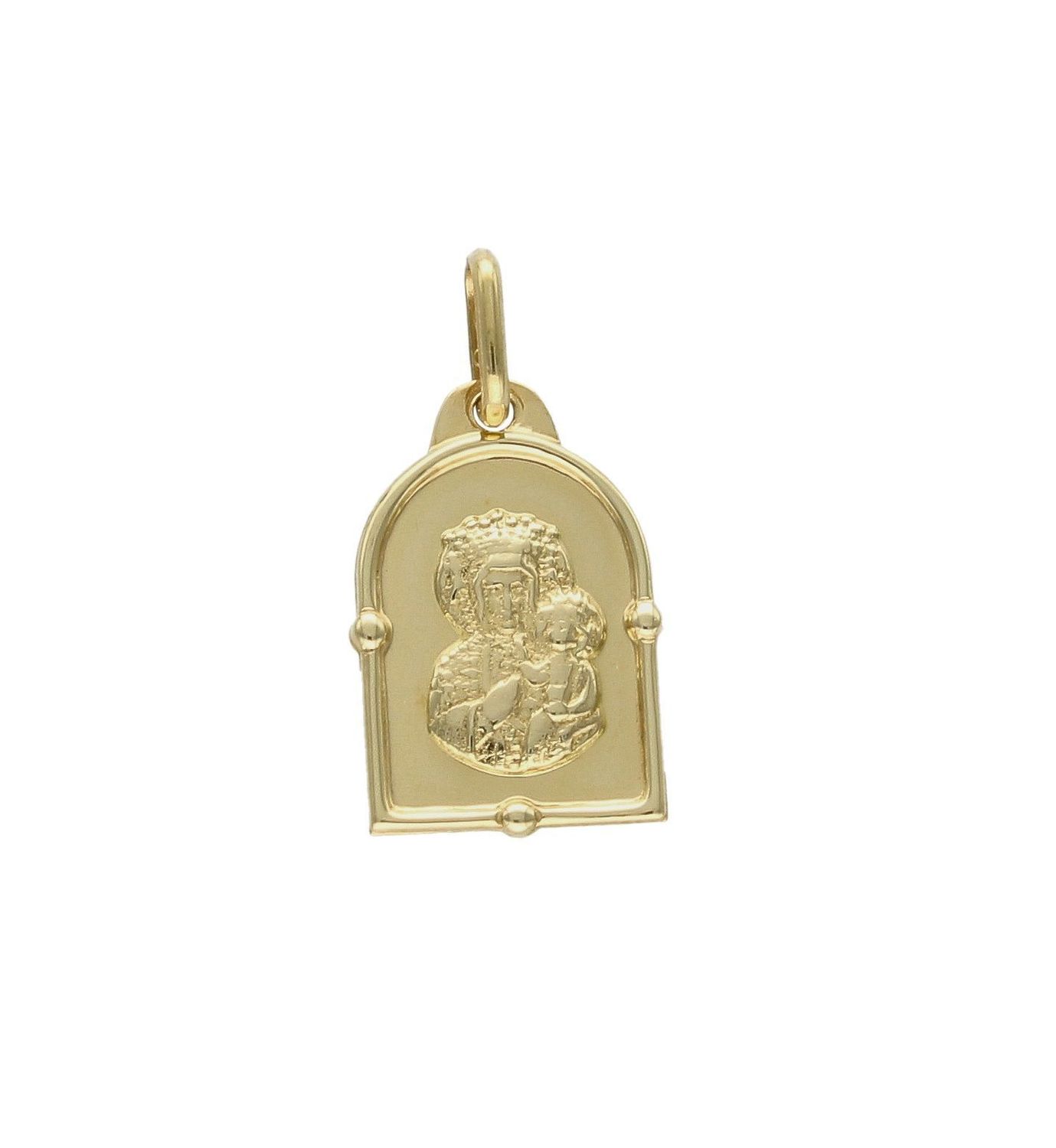 Złota zawieszka 585 medalik z Matka Boska Częstochowska DIA-ZAW-8592-585. Piękny medalik o bogatej symbolice religijnej w kształcie prostokąta z zaokrągloną górą. Religijną biżuterię wykonano z 14-karatowego żółtego złot.jpg