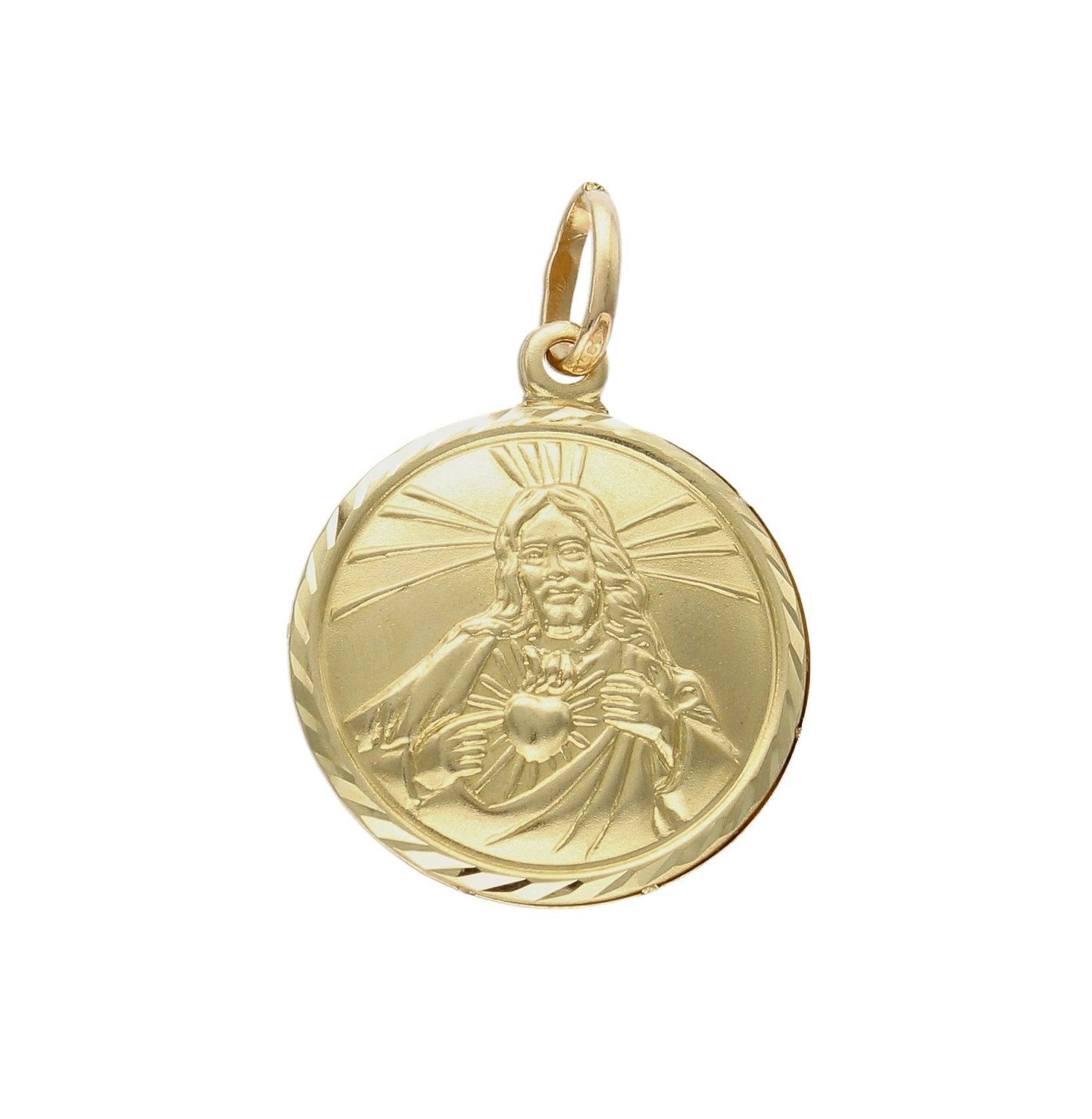 Złota zawieszka 585 okrągły medalik z Jezusem DIA-ZAW-8596-585.  Medalik w ponadczasowym kształcie z wizerunkiem Jezusa . Ze względu na rozmiar zawieszki, dodatek ładnie komponuje się z łańcuszkiem o klasycznych oczkach.  (2).jpg