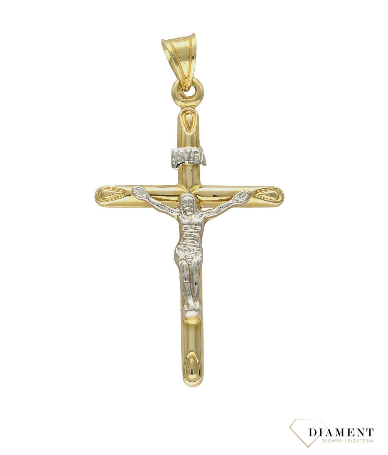 Złota zawieszka 585 krzyżyk z wizerunkiem Jezusa DIA-ZAW-8598-585. Złoty wisiorek o kształcie krzyżyka z wizerunkiem został wykonany z wysokiej próby złota 585 w kolorze białego i żółtego złota. Zawieszstaranno (2).jpg