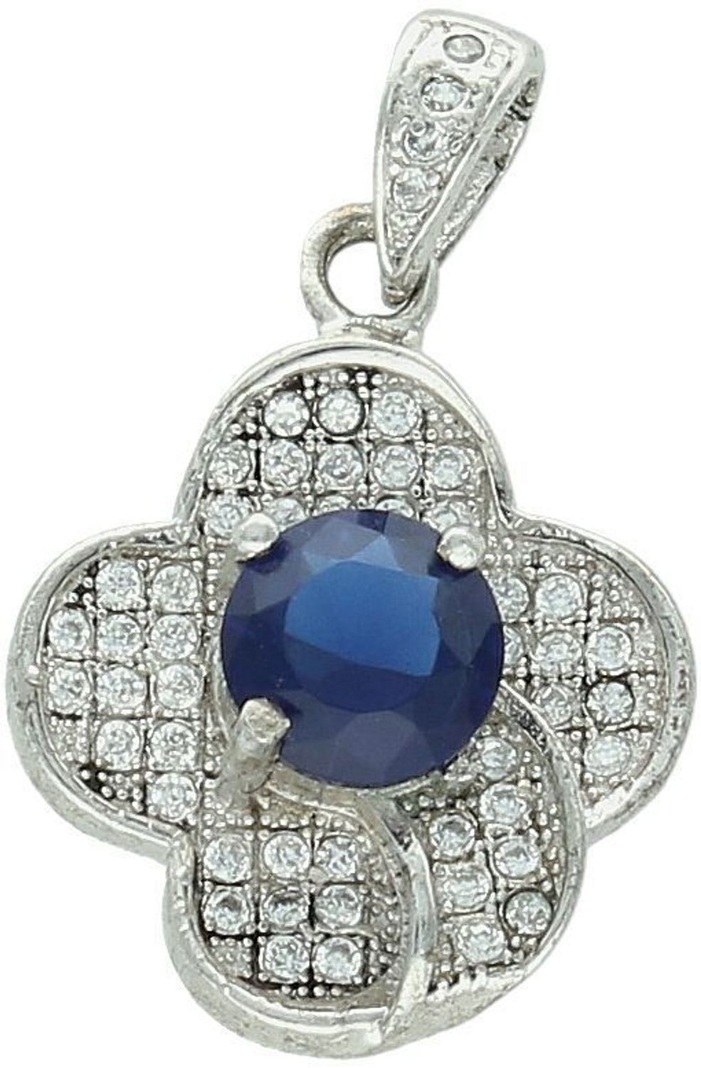 Srebrna zawieszka damska w kształcie kwiatka z lśniącymi cyrkoniami. Próba 925, długość 2,3 cm, szerokość 1,5 cm, waga 2,63 g – subtelna, kobieca i elegancka biżuteria.1.jpg