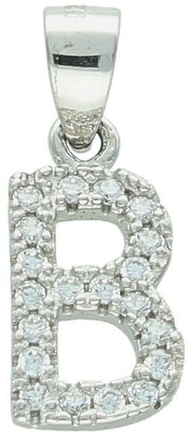 Subtelna srebrna zawieszka z literką B, zdobiona cyrkoniami. Próba 925, model DIA-ZAW-8747-B-925. Długość 1,8 cm, szerokość 7 mm, waga 0,80 g – kobiecy akcent z blaskiem.1.jpg