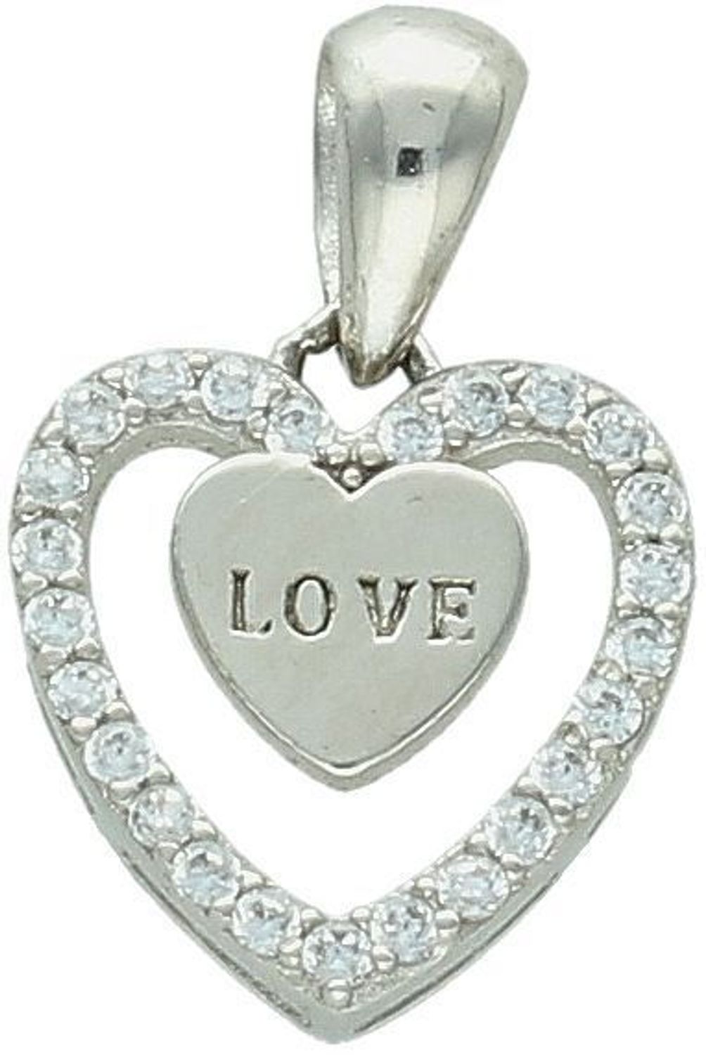 Zawieszka srebrna próba 925, serce z cyrkoniami i napisem love DIA-ZAW-8786-925 Romantyczna zawieszka srebrna w kształcie serca, wykonana z srebra próby 925, ozdobiona subtelnymi cyrkoniami 1.jpg