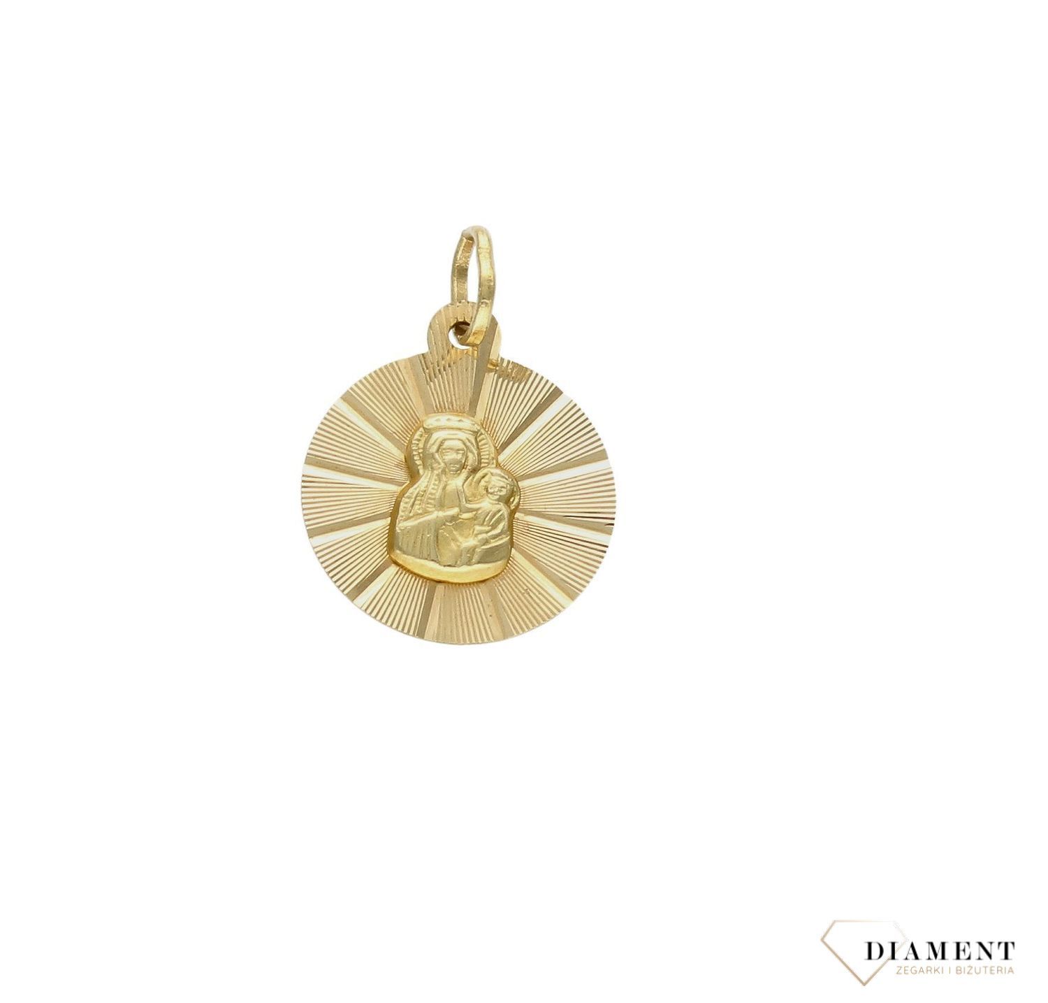Złota zawieszka 585 medalik z Matką Boską Częstochowską DIA-ZAW-9003-585. Medalik będący wspaniałą pamiątką i prezentem z okazji chrztu, komunii czy bierzmowania. Biżuteria sakralna..jpg