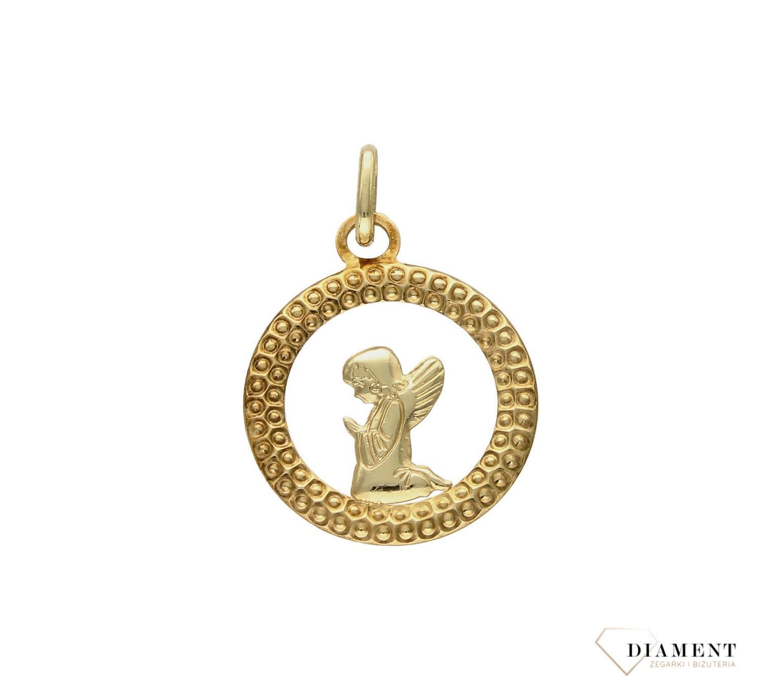 Złota zawieszka 585 medalik z aniołkiem DIA-ZAW-9005-585. Medalik będący wspaniałą pamiątką i prezentem z okazji chrztu, komunii czy bierzmowania. Biżuteria sakralna. Medalik z aniołem..jpg