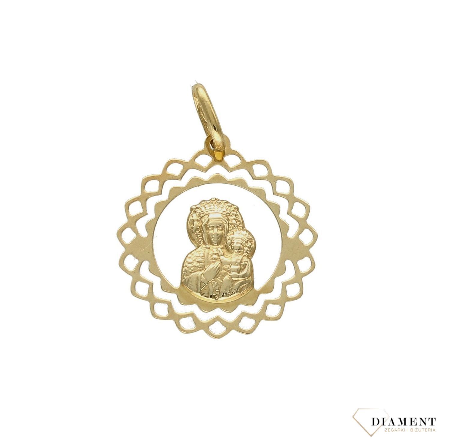 Złota zawieszka 585 medalik z Matką Boską Częstochowską DIA-ZAW-9012-585. Medalik będący wspaniałą pamiątką i prezentem z okazji chrztu, komunii czy bierzmowania. Biżuteria sakralna. Matka Boska Częstochowska..jpg