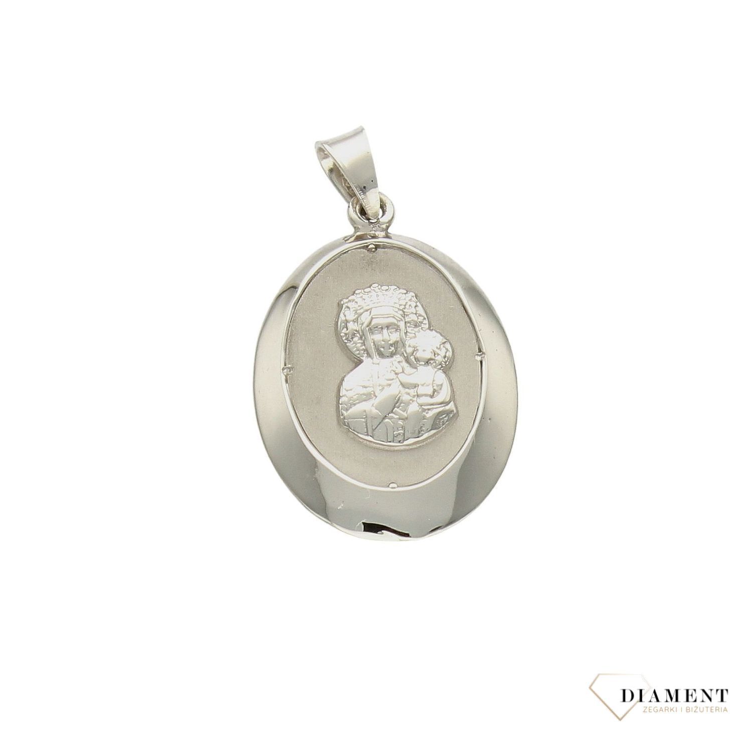 Złota zawieszka 585 medalik z wizerunkiem Matki Boskiej z białego złota DIA-ZAW-9016-585. Medalik będący wspaniałą pamiątką i prezentem z okazji chrztu, komunii czy bierzmowania. Zawieszka białe złoto Maryja z dzieciątkiem Jez.jpg