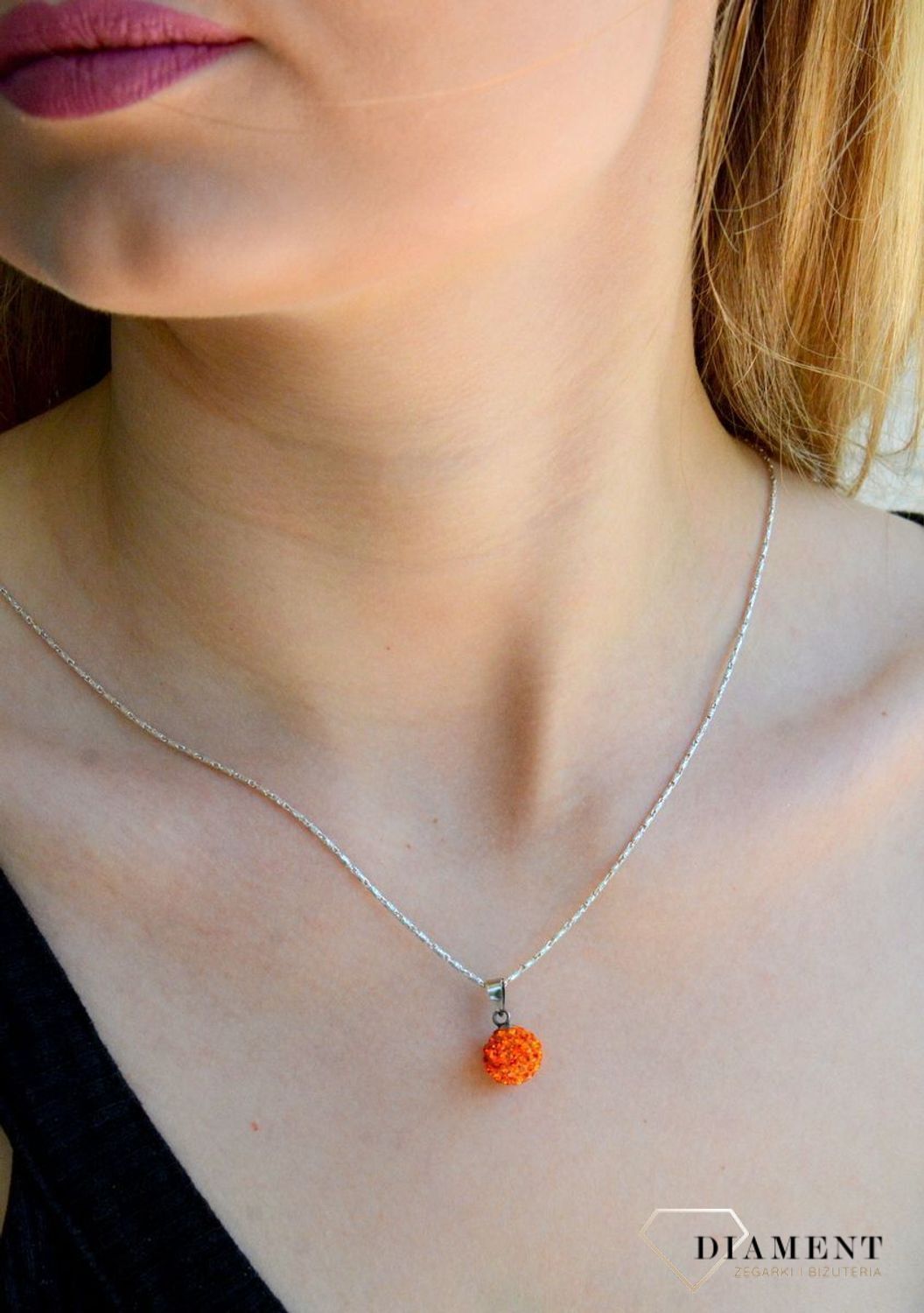Srebrna zawieszka pomarańczowa kulka z kryształkami Swarovskiego DIA-ZAW-9433-925d.jpg