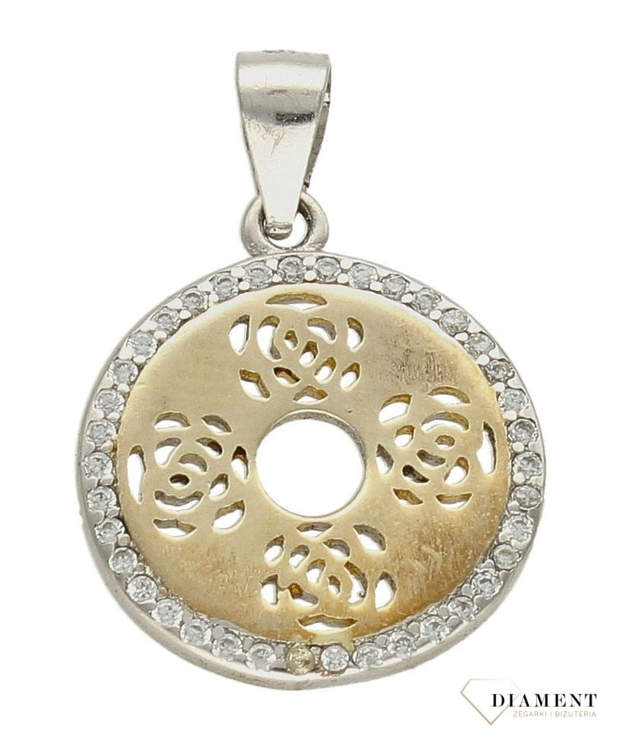 Srebrna zawieszka okrągła z pozłoceniem ażurowy wzór DIA-ZAW-9442-925c.jpg
