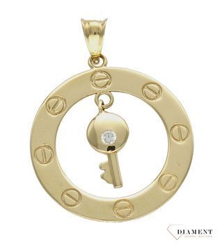Złota okrągła zawieszka 585 typu Cartier ze złotym kluczem i cyrkonią DIA-ZAW-9765-585ds.jpg