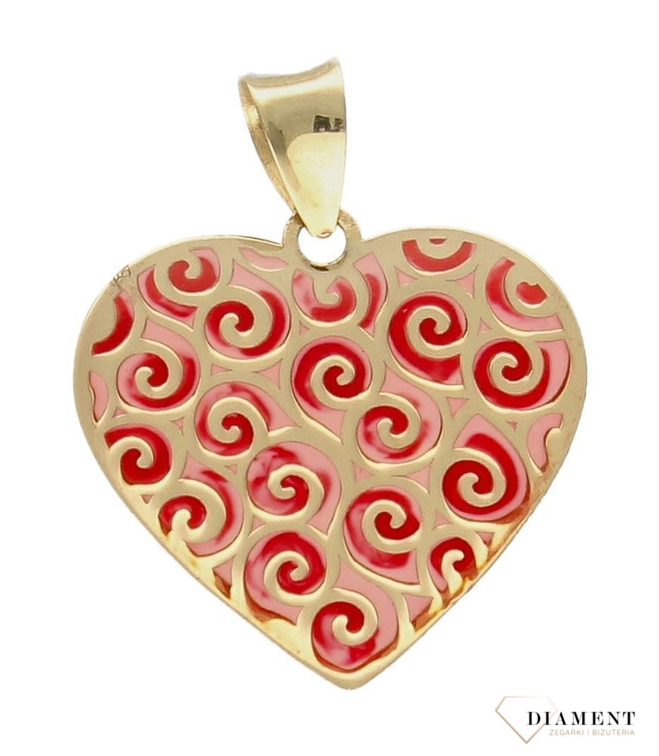 Zawieszka złota 585 serce różowe DIA-ZAW-9771-585.  Piękny, złoty wisiorek o ciekawym i wyjątkowym wzorem w kolorze różowym, wykonany z żółtego 14-karatowego złota z wysokiej próby 585.df.jpg
