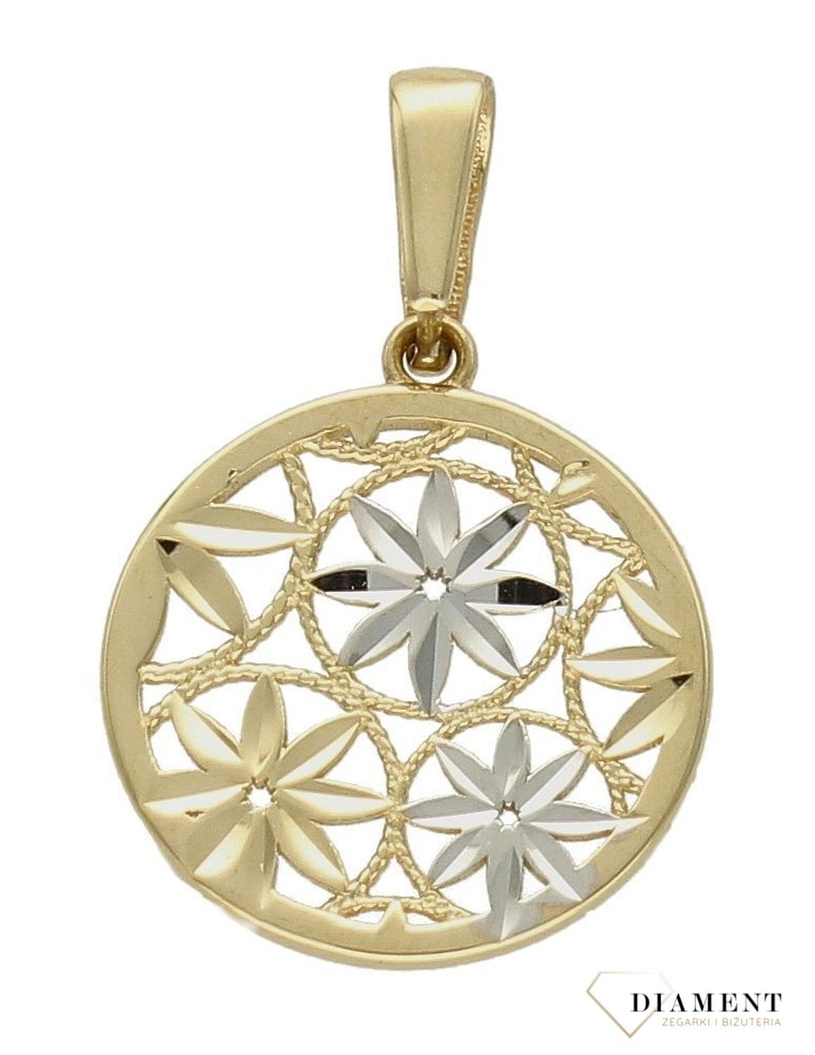 Złota zawieszka 585 z ażurowym kółkiem i kwiatkami z żółtego i białego złota DIA-ZAW-9772-585sd.jpg