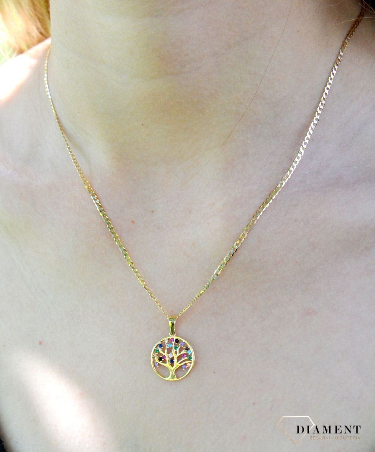 Złota zawieszka drzewko szczęścia w kółku z kolorowymi kamieniami 585 DIA-ZAW-9773-585.jpg