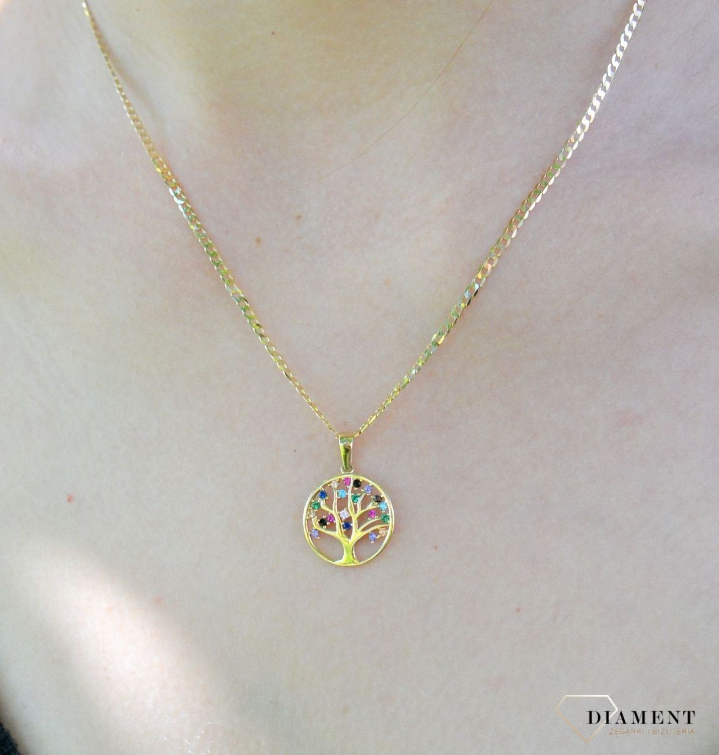 Złota zawieszka drzewko szczęścia w kółku z kolorowymi kamieniami 585 DIA-ZAW-9773-585.jpg
