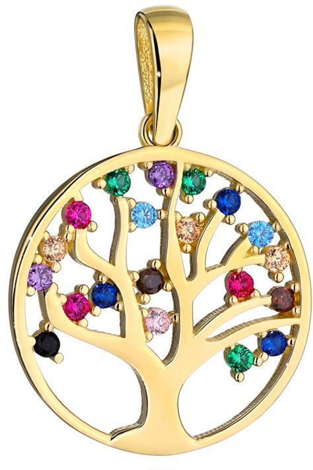 Złota zawieszka drzewko szczęścia w kółku z kolorowymi kamieniami 585 DIA-ZAW-9773-585.jpg