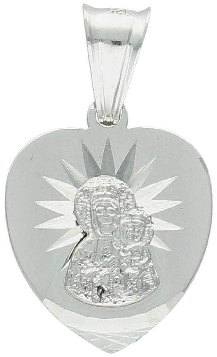 Zawieszka srebrna 925 – serce z Matką Boską i Dzieciątkiem. Wymiary 2,3x1,4 cm, waga 1,72 g. Subtelny medalik o głębokim duchowym znaczeniu.1.jpg