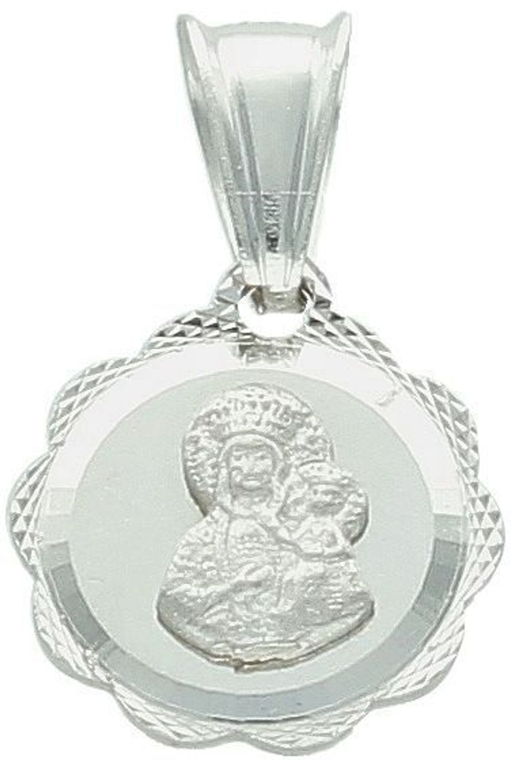 Delikatna zawieszka srebrna 925 z Matką Boską i Dzieciątkiem. Wymiary 1,6x1,0 cm, waga 0,98 g. Idealna na chrzest, komunię lub duchową pamiątkę.1.jpg